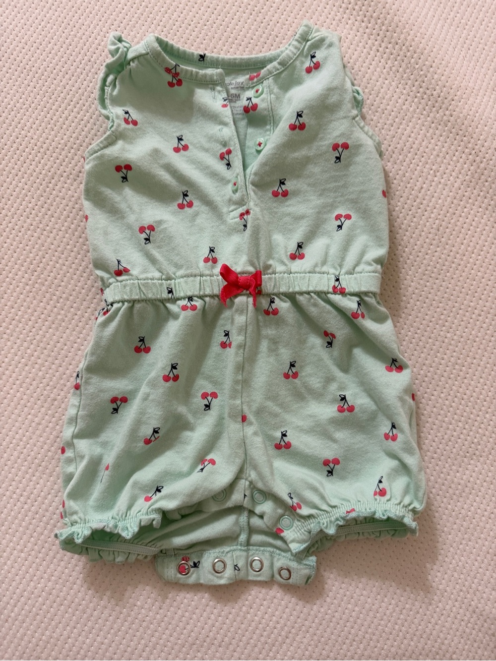 Baby Girls Mint Cherry-Print Romper with pink Bow